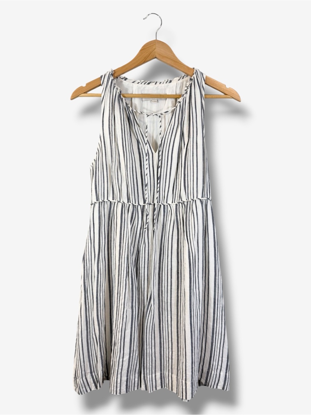 Loft Navy White Stripe Linen Dress Size M Sleeveless Tie Neck Waist Summer